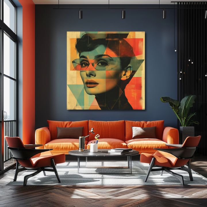 Moderan slika na platnu s motivom Nezaboravna ljepota, naočale u tirkizno-narandžastih nijansama, ikonografija | Audrey Hepburn slika na platnu - Nezaboravna ljepota – proizvod