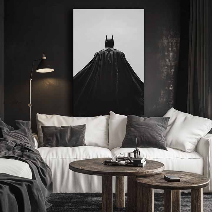 Moderan slika na platnu s motivom Batman: Strážca noci u crno-bijelih nijansama, dramatična atmosfera, samoća i snaga i moć | Slika Batman: Strážca noci – proizvod