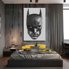 Moderan slika na platnu s motivom Batman: Hlava spravodlivosti, maska u crno-bijelih nijansama, intenzivna atmosfera | Slika Batman: Hlava spravodlivosti – proizvod