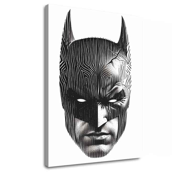 Moderan slika na platnu s motivom Batman: Hlava spravodlivosti, maska u crno-bijelih nijansama, intenzivna atmosfera | Slika Batman: Hlava spravodlivosti – glavna