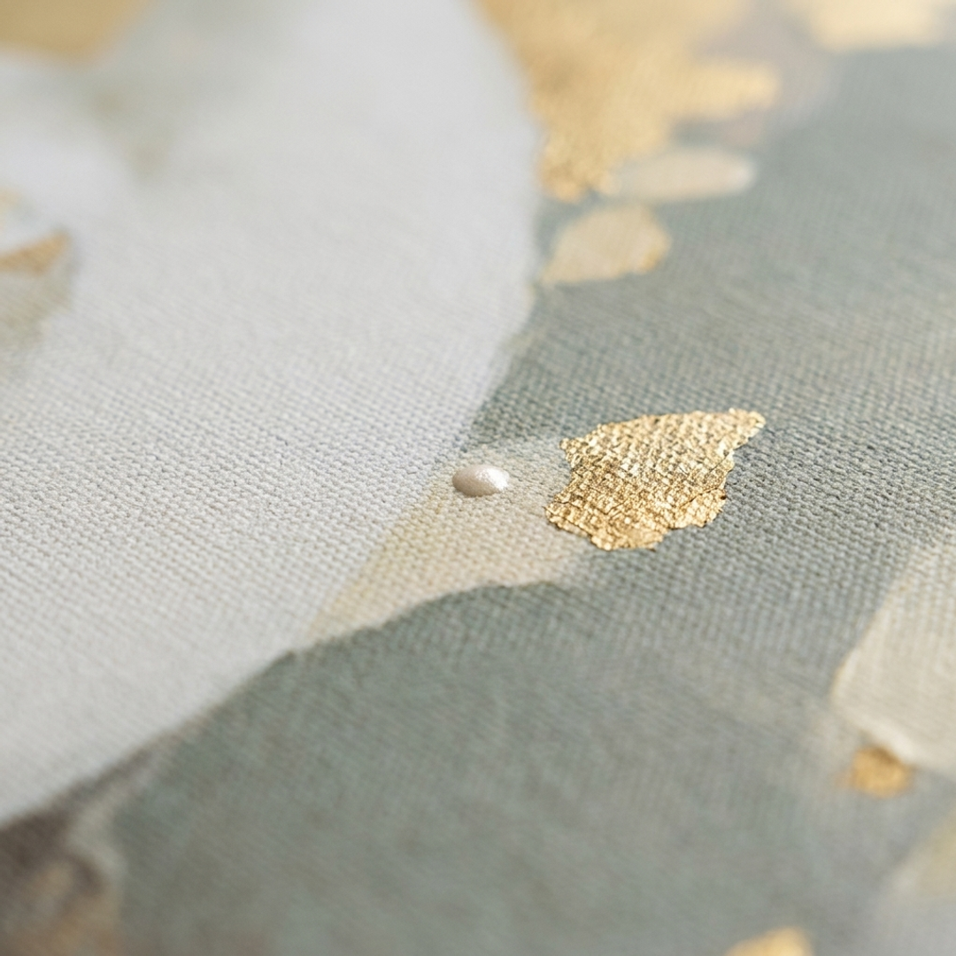 Makro detalj ručno oslikanih impasto poteza akrilnom bojom na površini slike, vidljiva tekstura i reljef — Papilora Crafted for Home.
