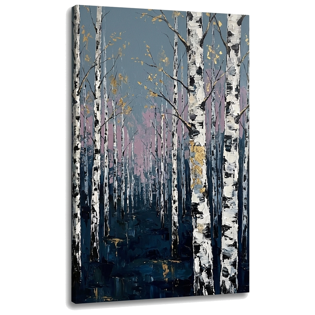Slika brezova šuma na platnu — 3D vizuelizacija platna sa vidljivim drvenim ramom, Papilora Premium Art.