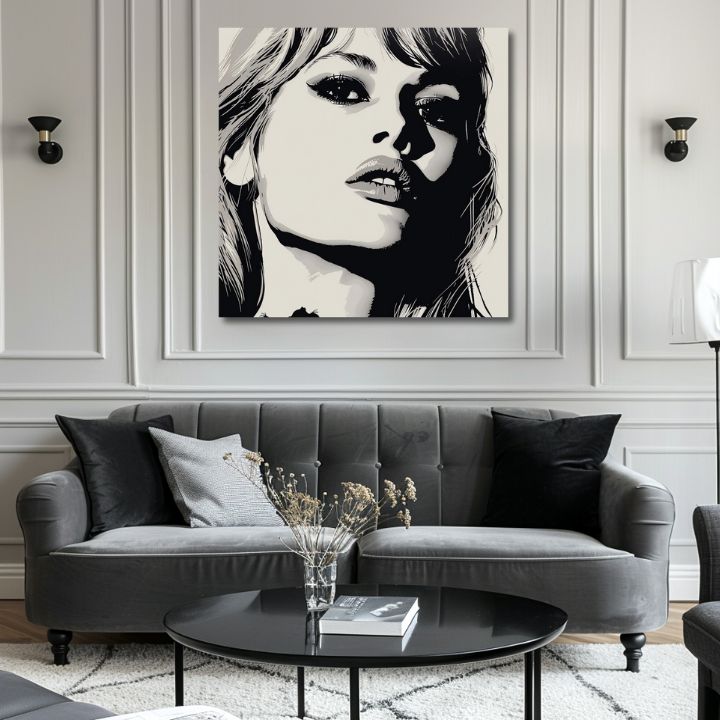 Moderan slika na platnu s motivom Brigitte Bardot - Elegancija 60. rokov, kosa u bijelo-crnih nijansama, dramatična atmosfera | Slika Brigitte Bardot - Elegancija 60. rokov – proizvod