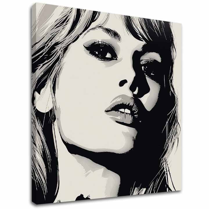 Moderan slika na platnu s motivom Brigitte Bardot - Elegancija 60. rokov, kosa u bijelo-crnih nijansama, dramatična atmosfera | Slika Brigitte Bardot - Elegancija 60. rokov – glavna