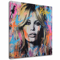 Moderan slika na platnu s motivom Brigitte Bardot - Krása zachytená na platnu, grafiti u zlatno-crnih nijansama, energična atmosfera | Slika Brigitte Bardot - Krása zachytená na platnu – glavna