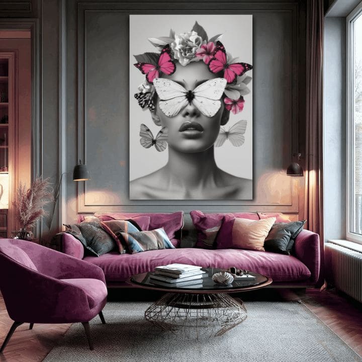 Moderan slika na platnu s motivom Butterfly Vision, leptiri, cvijeće u bijelo-crnih nijansama, eterična atmosfera, ljepota i snovi | Slika Butterfly Vision – proizvod, pogled 2