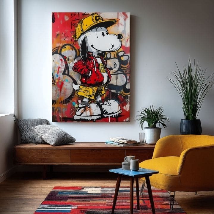 Moderan slika na platnu s motivom Cool Snoopy na platnu u crveno-žutih nijansama, energična atmosfera, pop kultura i gradski život | Slika Cool Snoopy na platnu – proizvod