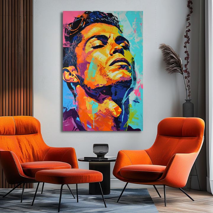 Moderan slika na platnu s motivom Cristiano Ronaldo - Energia víťaza u narandžasto-ljubičastih nijansama, energična atmosfera, slava | Slika Cristiano Ronaldo - Energia víťaza – proizvod, pogled 2