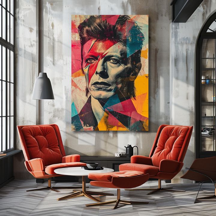 Moderan slika na platnu s motivom lice u crveno-tirkiznih nijansama, energična atmosfera, rock and roll i slava | David Bowie slika na platnu - Rebel s dušou umelca – proizvod