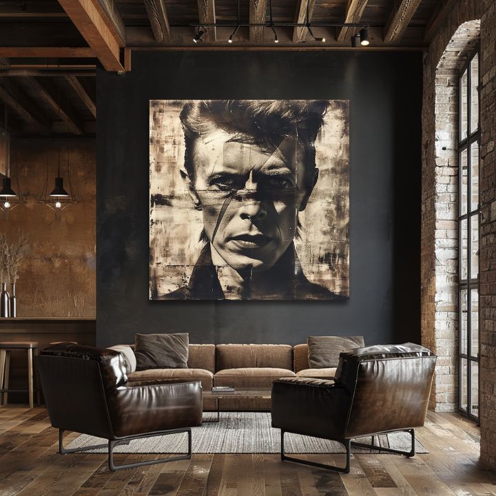 Moderan slika na platnu u smeđe-bijelih nijansama, muzička istorija i ikonografija | David Bowie slika na platnu - Nelútostný pogled – proizvod