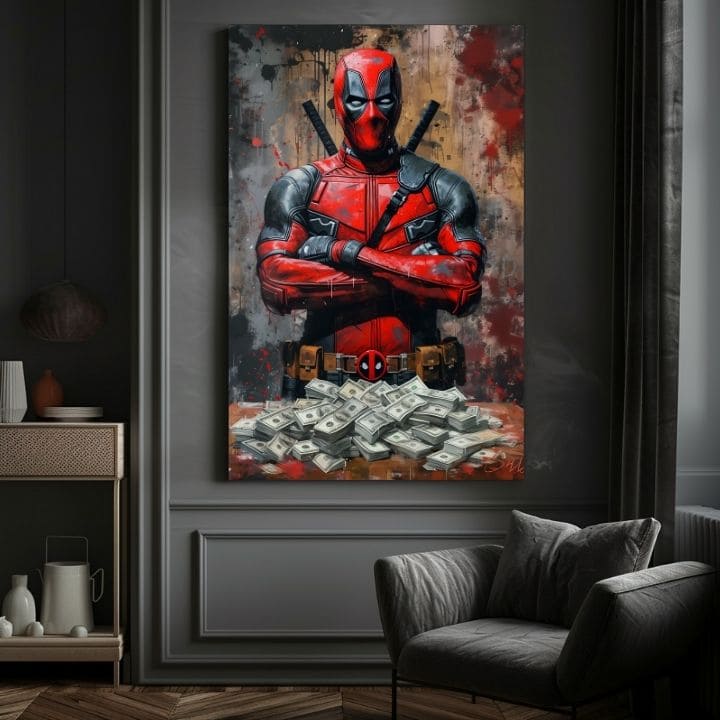 Moderan slika na platnu s motivom Deadpool: Peniaze i chaos u crnih nijansama | Slika Deadpool: Peniaze i chaos, zidna dekoracija – proizvod, pogled 2