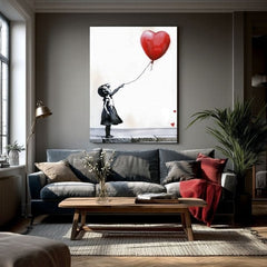 Moderan slika na platnu s motivom Heart Balloon Girl, balon, srce u bijelo-crnih nijansama, melanholična atmosfera, nádej | Slika Heart Balloon Girl – proizvod