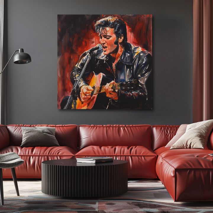 Moderan slika na platnu s motivom Elvis Presley - Ikona na pódiu, gitara, mikrofon u crno-crvenih nijansama, strastvena atmosfera | Slika Elvis Presley - Ikona na pódiu – proizvod