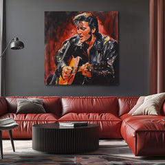 Moderan slika na platnu s motivom Elvis Presley - Ikona na pódiu, gitara, mikrofon u crno-crvenih nijansama, strastvena atmosfera | Slika Elvis Presley - Ikona na pódiu – proizvod