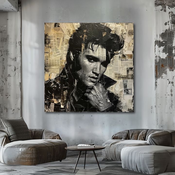 Moderan slika na platnu s motivom Elvis Presley - Rockový génius u crno-bijelih nijansama, nostalgična atmosfera, muzička istorija i slava – proizvod
