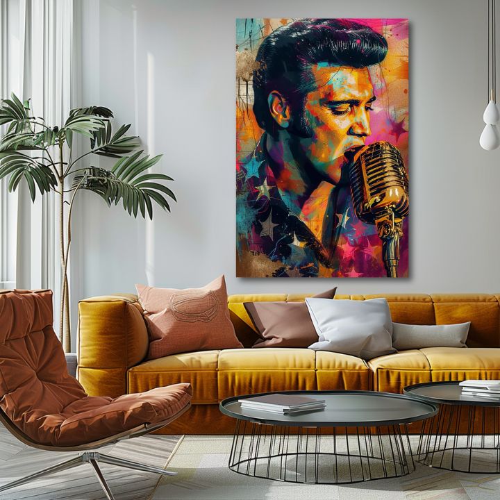 Moderan slika na platnu s motivom Elvis Presley - Zlatý hlas rock’n’rollu, mikrofon u narandžasto-ljubičastih nijansama, energična atmosfera | Slika Elvis Presley - Zlatý hlas rock’n’rollu – p..., pogled 2