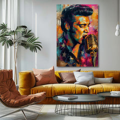 Moderan slika na platnu s motivom Elvis Presley - Zlatý hlas rock’n’rollu, mikrofon u narandžasto-ljubičastih nijansama, energična atmosfera | Slika Elvis Presley - Zlatý hlas rock’n’rollu – p..., pogled 2