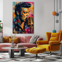 Moderan slika na platnu s motivom Elvis Presley - Zlatý hlas rock’n’rollu, mikrofon u narandžasto-ljubičastih nijansama, energična atmosfera | Slika Elvis Presley - Zlatý hlas rock’n’rollu – proizvod