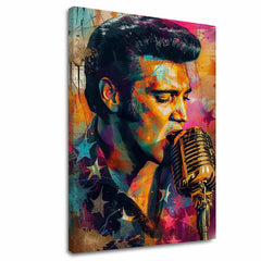 Moderan slika na platnu s motivom Elvis Presley - Zlatý hlas rock’n’rollu, mikrofon u narandžasto-ljubičastih nijansama, energična atmosfera | Slika Elvis Presley - Zlatý hlas rock’n’rollu – glavna