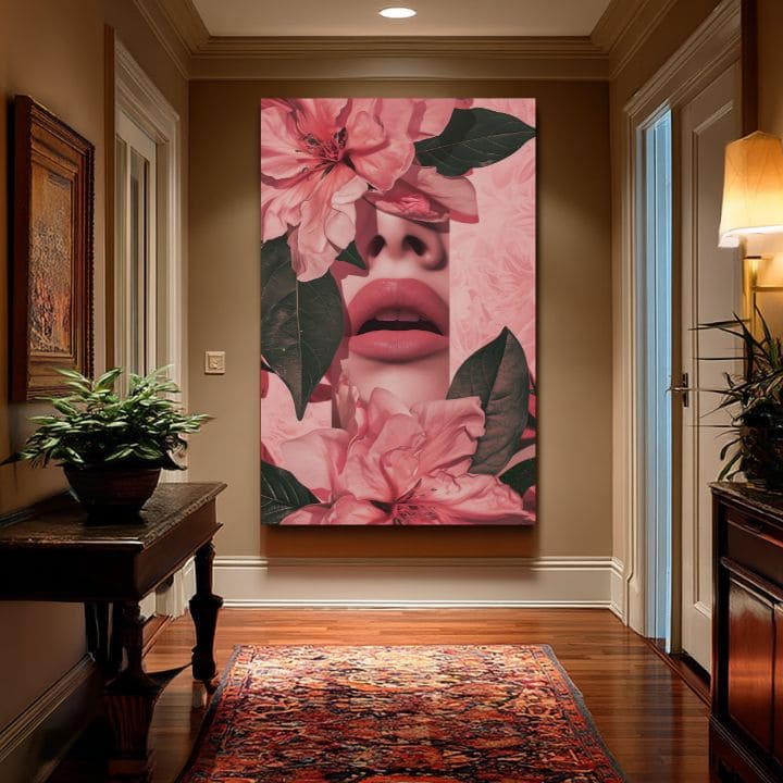 Moderan slika na platnu s motivom Floral Lips u ružičasto-zelenih nijansama, romantična atmosfera, priroda i ljepota | Slika Floral Lips – proizvod, pogled 2