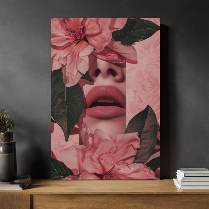 Moderan slika na platnu s motivom Floral Lips u ružičasto-zelenih nijansama, romantična atmosfera, priroda i ljepota | Slika Floral Lips – proizvod
