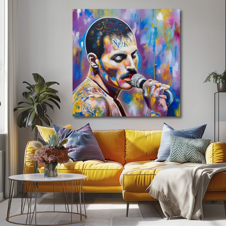 Moderan slika na platnu s motivom Freddie Mercury - Legenda pod reflektormi, mikrofon u ljubičasto-zlatnih nijansama, energična atmosfera | Slika Freddie Mercury - Legenda pod reflektormi – proizvod