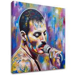 Moderan slika na platnu s motivom Freddie Mercury - Legenda pod reflektormi, mikrofon u ljubičasto-zlatnih nijansama, energična atmosfera | Slika Freddie Mercury - Legenda pod reflektormi – glavna