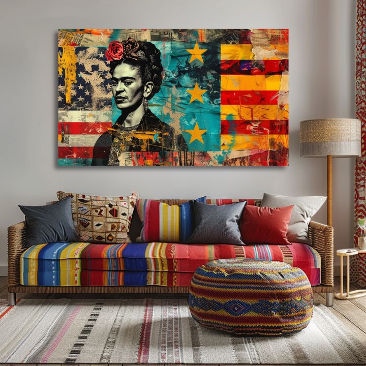 Moderan slika na platnu s motivom Frida Kahlo - Kultúrny odkaz, cvijeće u crveno-tirkiznih nijansama, odvažna atmosfera | Slika Frida Kahlo - Kultúrny odkaz – proizvod