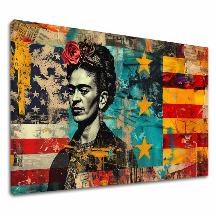 Moderan slika na platnu s motivom Frida Kahlo - Kultúrny odkaz, cvijeće u crveno-tirkiznih nijansama, odvažna atmosfera | Slika Frida Kahlo - Kultúrny odkaz – glavna