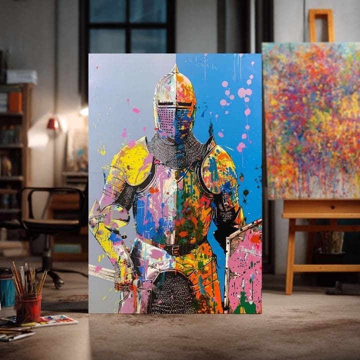 Moderan slika na platnu s motivom Graffiti Knight, štít u žuto-narandžastih nijansama, energična atmosfera, snaga | Slika Graffiti Knight – proizvod, pogled 2