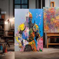 Moderan slika na platnu s motivom Graffiti Knight, štít u žuto-narandžastih nijansama, energična atmosfera, snaga | Slika Graffiti Knight – proizvod, pogled 2