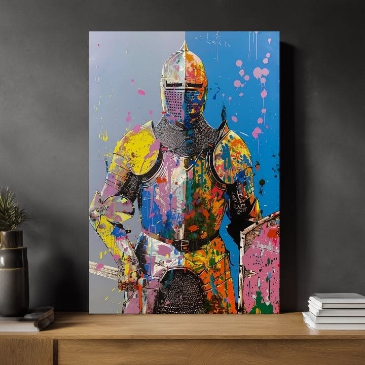 Moderan slika na platnu s motivom Graffiti Knight, štít u žuto-narandžastih nijansama, energična atmosfera, snaga | Slika Graffiti Knight – proizvod