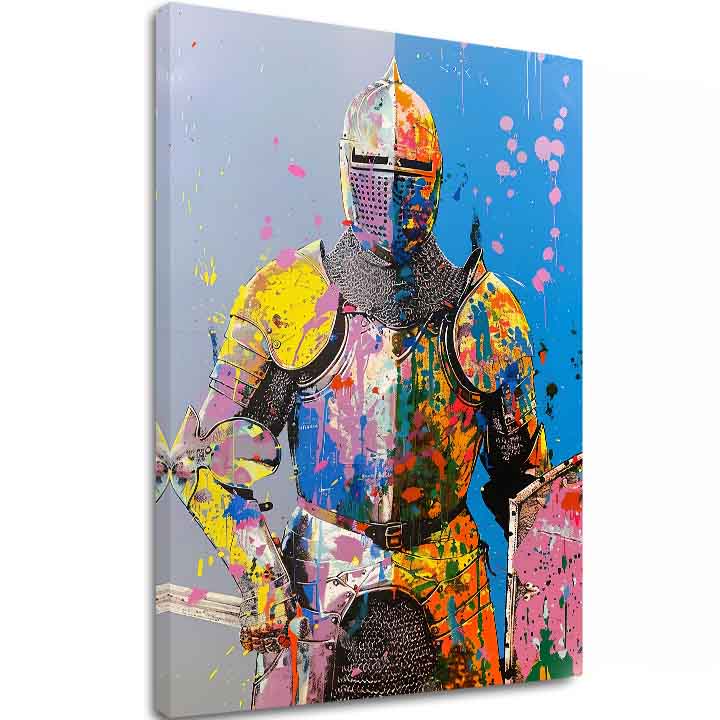 Moderan slika na platnu s motivom Graffiti Knight, štít u žuto-narandžastih nijansama, energična atmosfera, snaga | Slika Graffiti Knight – glavna