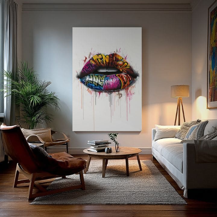 Moderan slika na platnu s motivom Graffiti Lips, grafiti u bijelo-ružičastih nijansama, energična atmosfera | Slika Graffiti Lips – proizvod