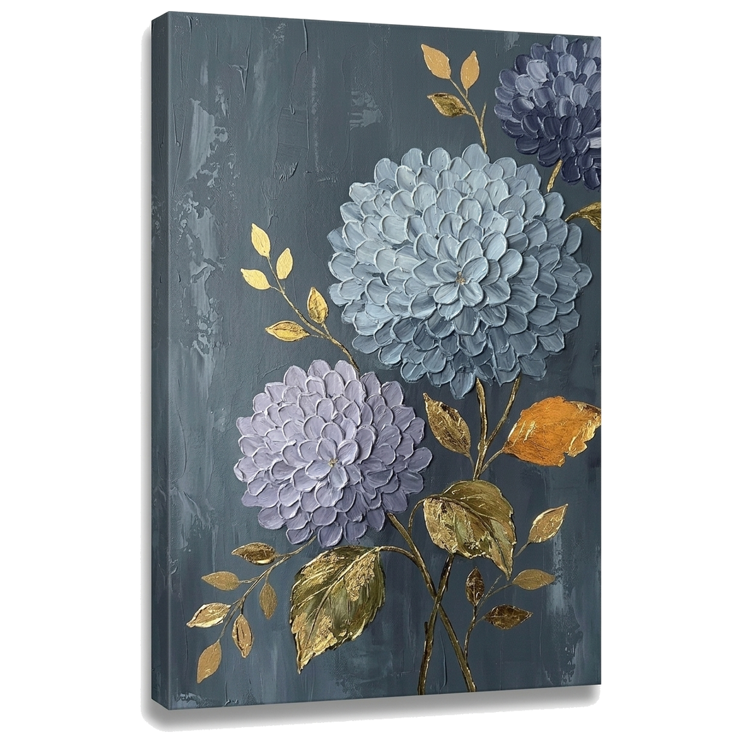 Slika hortenzije na platnu — 3D vizuelizacija canvasa sa vidljivim drvenim ramom, Papilora Premium Art.