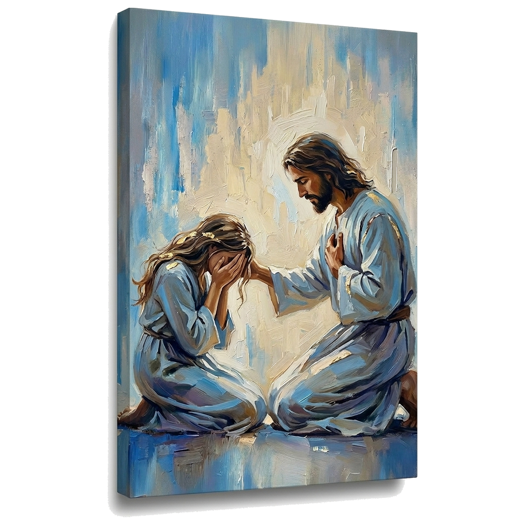 Slika Isus tješi ženu na platnu — 3D vizualizacija canvasa sa vidljivim drvenim okvirom, Papilora Premium Art.