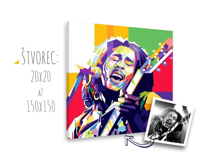 Pop art slika na platnu s motivom gitara, mikrofon, ljudi u bijelo-ljubičastih nijansama, energična atmosfera, rock and roll, pogodan za dnevnog boravka – glavna