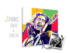 Pop art slika na platnu s motivom gitara, mikrofon, ljudi u bijelo-ljubičastih nijansama, energična atmosfera, rock and roll, pogodan za dnevnog boravka – glavna