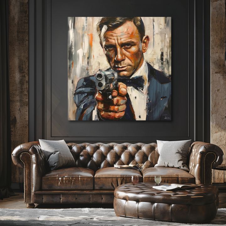 Moderan slika na platnu s motivom James Bond - Nebezpečná elegancija u narandžastih nijansama, intenzivna atmosfera, filmski svijet | Slika James Bond - Nebezpečná elegancija – proizvod, pogled 2