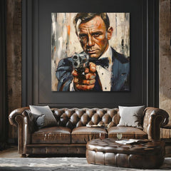 Moderan slika na platnu s motivom James Bond - Nebezpečná elegancija u narandžastih nijansama, intenzivna atmosfera, filmski svijet | Slika James Bond - Nebezpečná elegancija – proizvod, pogled 2
