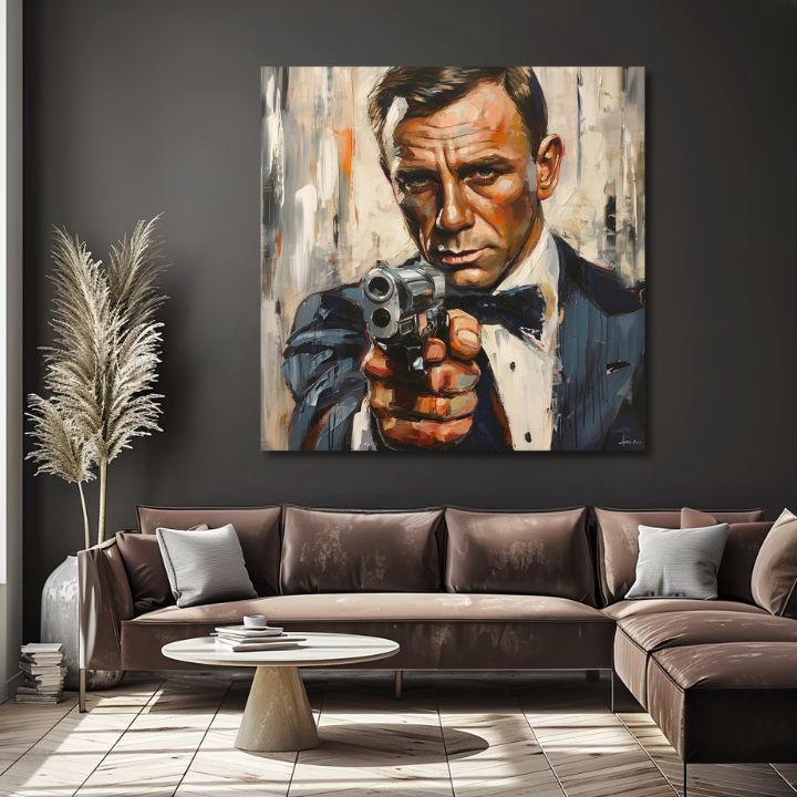 Moderan slika na platnu s motivom James Bond - Nebezpečná elegancija u narandžastih nijansama, intenzivna atmosfera, filmski svijet | Slika James Bond - Nebezpečná elegancija – proizvod