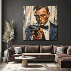 Moderan slika na platnu s motivom James Bond - Nebezpečná elegancija u narandžastih nijansama, intenzivna atmosfera, filmski svijet | Slika James Bond - Nebezpečná elegancija – proizvod