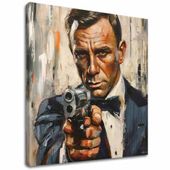 Moderan slika na platnu s motivom James Bond - Nebezpečná elegancija u narandžastih nijansama, intenzivna atmosfera, filmski svijet | Slika James Bond - Nebezpečná elegancija – glavna