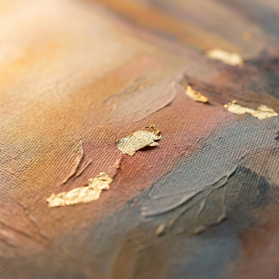 Makro detalj ručno oslikanih impasto poteza akrilnom bojom na površini slike, vidljiva tekstura i reljef — Papilora Crafted for Home.