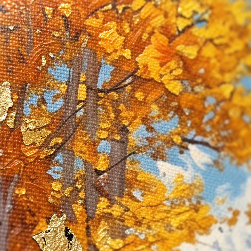 Makro detalj ručno oslikanih impasto poteza akrilnom bojom na površini slike, vidljiva tekstura i reljefni efekat.