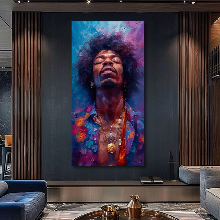 Moderan slika na platnu s motivom Jimi Hendrix - Explózia harmónie u plavo-zlatnih nijansama, mirna atmosfera, duhovnost | Slika Jimi Hendrix - Explózia harmónie – proizvod, pogled 2