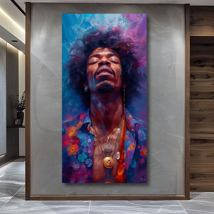 Moderan slika na platnu s motivom Jimi Hendrix - Explózia harmónie u plavo-zlatnih nijansama, mirna atmosfera, duhovnost | Slika Jimi Hendrix - Explózia harmónie – proizvod