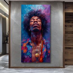 Moderan slika na platnu s motivom Jimi Hendrix - Explózia harmónie u plavo-zlatnih nijansama, mirna atmosfera, duhovnost | Slika Jimi Hendrix - Explózia harmónie – proizvod