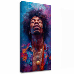 Moderan slika na platnu s motivom Jimi Hendrix - Explózia harmónie u plavo-zlatnih nijansama, mirna atmosfera, duhovnost | Slika Jimi Hendrix - Explózia harmónie – glavna