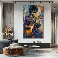Moderan slika na platnu s motivom Jimi Hendrix - Gitara v plameňoch u ljubičasto-bijelih nijansama, energična atmosfera, kreativnost | Slika Jimi Hendrix - Gitara v plameňoch – proizvod, pogled 2